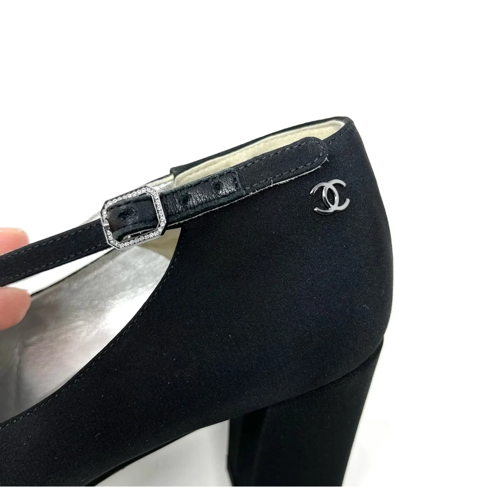 Chanel Black Satin Silver CC Logo Mary Jane Janes High Heels Pumps 37 6 6.5